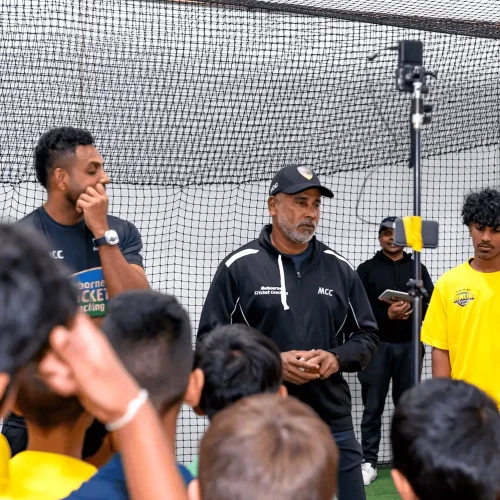 Promotional artwork capturing the energy and success of MCC’s recent fast bowling masterclass event featuring international stars Chaminda Vaas and Prabath Nissanka. Sessions booked out, highlighting high demand for professional cricket coaching in Melbourne.