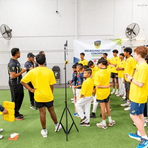 Poster celebrating the sold-out success of Melbourne Cricket Coaching’s elite fast bowling clinic with Sri Lankan greats Chaminda Vaas and Prabath Nissanka. The event offered expert training and mentoring to junior cricketers in Victoria.